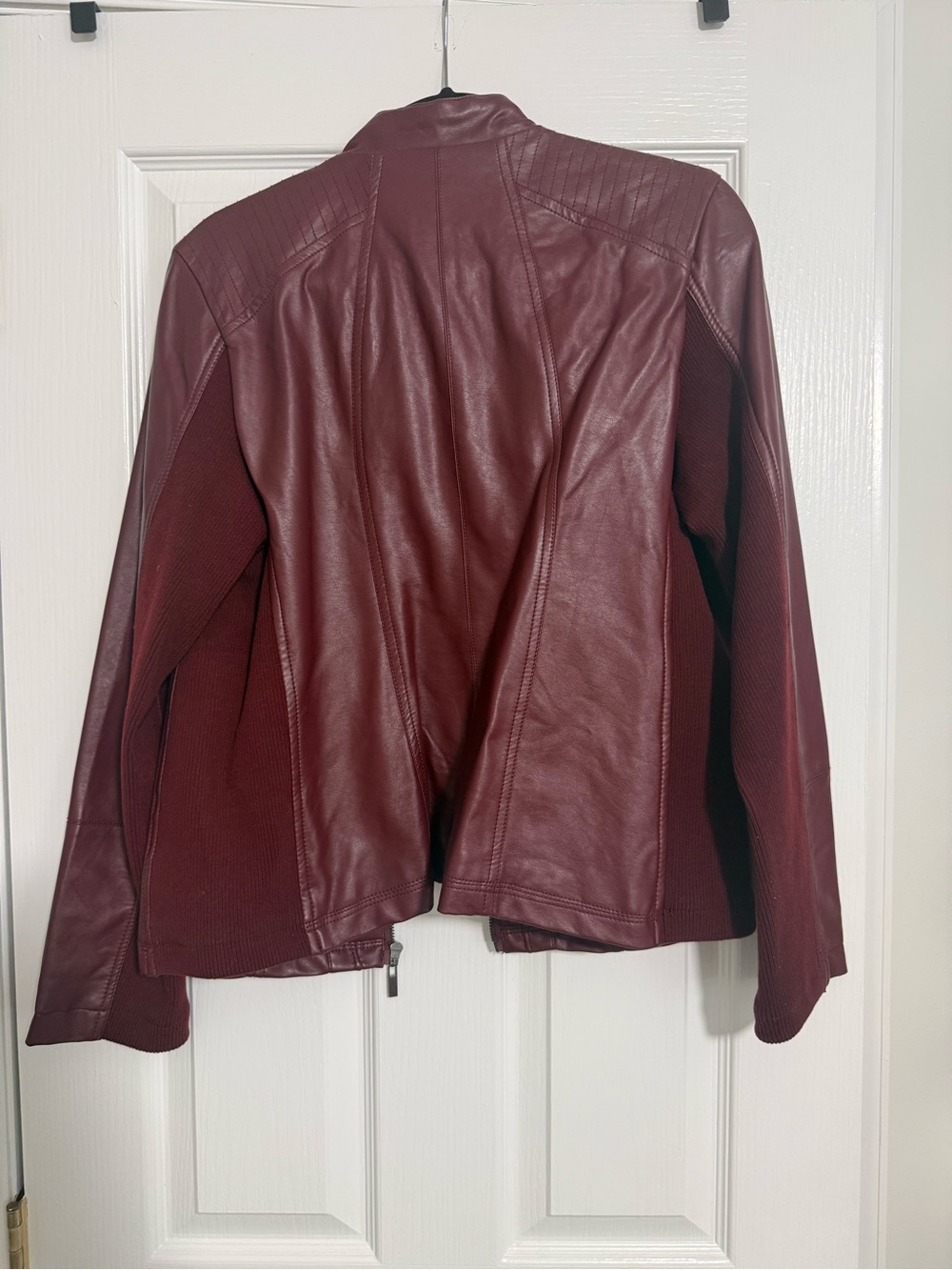 Women’s Vegan Leather Moto Jacket - Burgundy - Picture 2 of 4